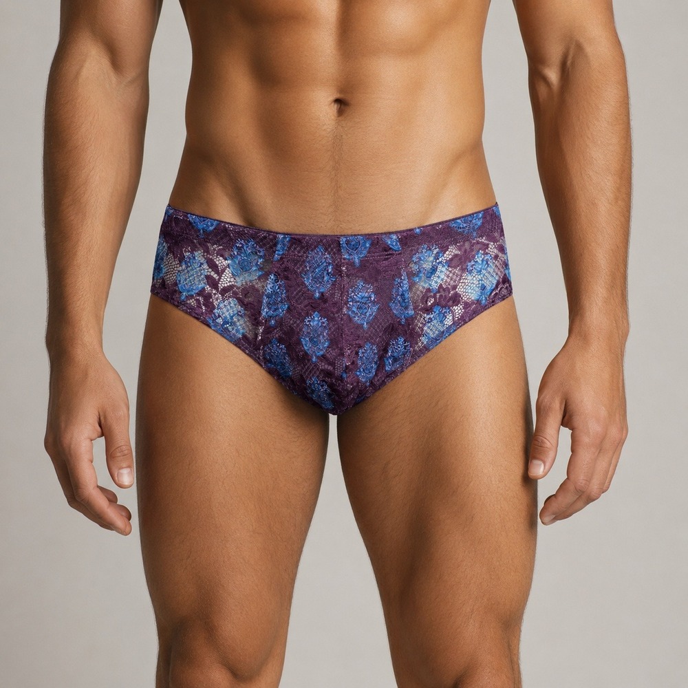 Cosabella Mens Purple Blue Floral Lace Low Rise Briefs Underwear New